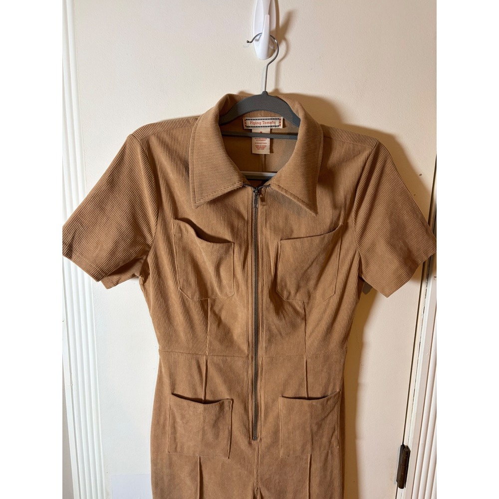 Flying Tomato Tan Corduroy Flare Leg Jumpsuit Short Sleeve Zip Front IP7424 M
